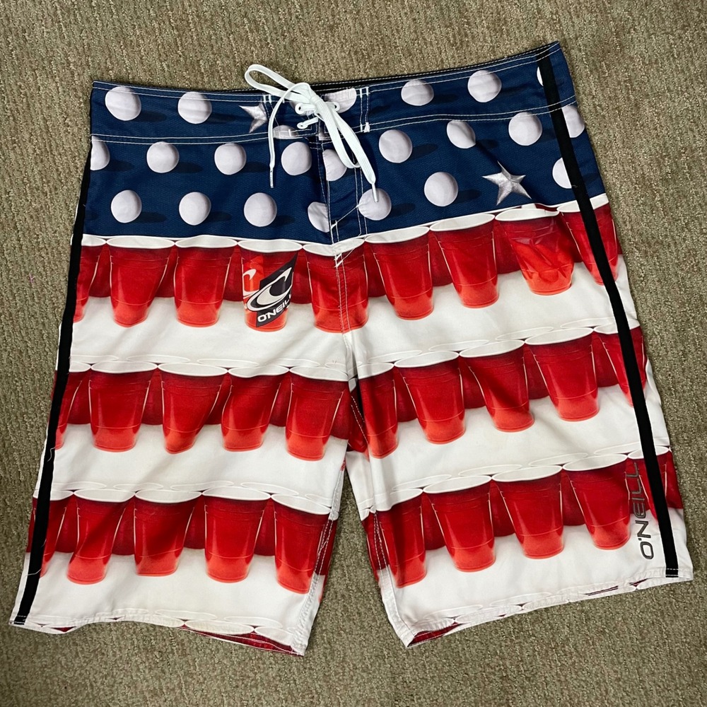 O'Neill Board Shorts Mens 38 Red Blue Solo Cup Beer Pong Flag Patriotic Frat